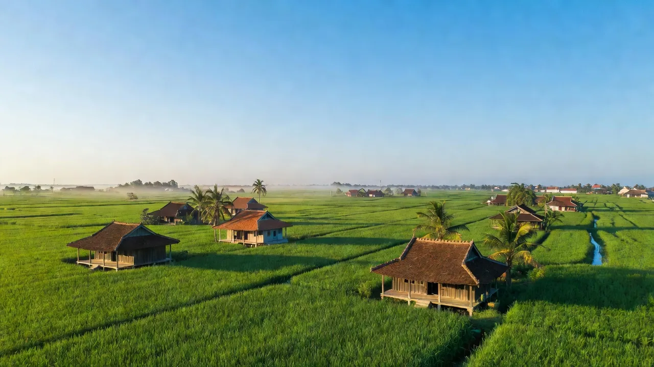 Khung cảnh thơ mộng xã Hàm Mỹ, huyện Hàm Thuận Nam, Bình Thuận với cánh đồng xanh và nhà truyền thống.