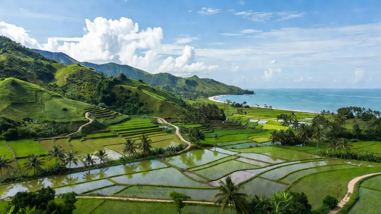 Cảnh đẹp xã Hàm Thạnh, huyện Hàm Thuận Nam, Bình Thuận với đồi núi và đồng ruộng xanh tươi.