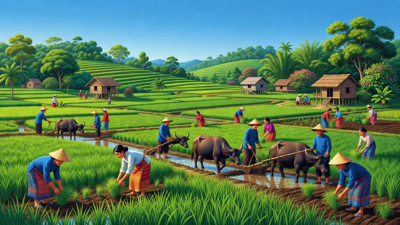 Cảnh làng quê xã Mỹ Thạnh, huyện Hàm Thuận Nam, Bình Thuận với cánh đồng xanh tươi và nông dân làm việc.