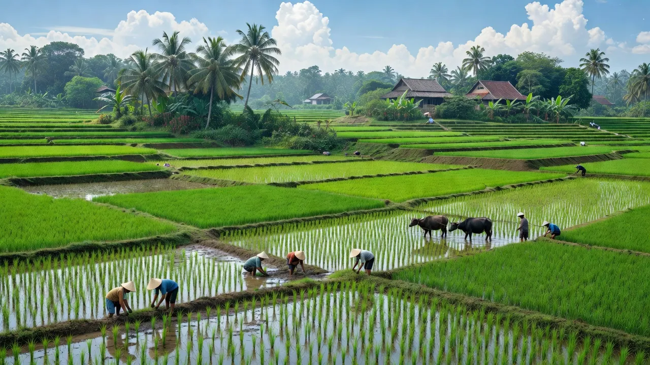 Phong cảnh xã Tân Lập, huyện Hàm Thuận Nam, tỉnh Bình Thuận với cánh đồng xanh tươi và nhà truyền thống.