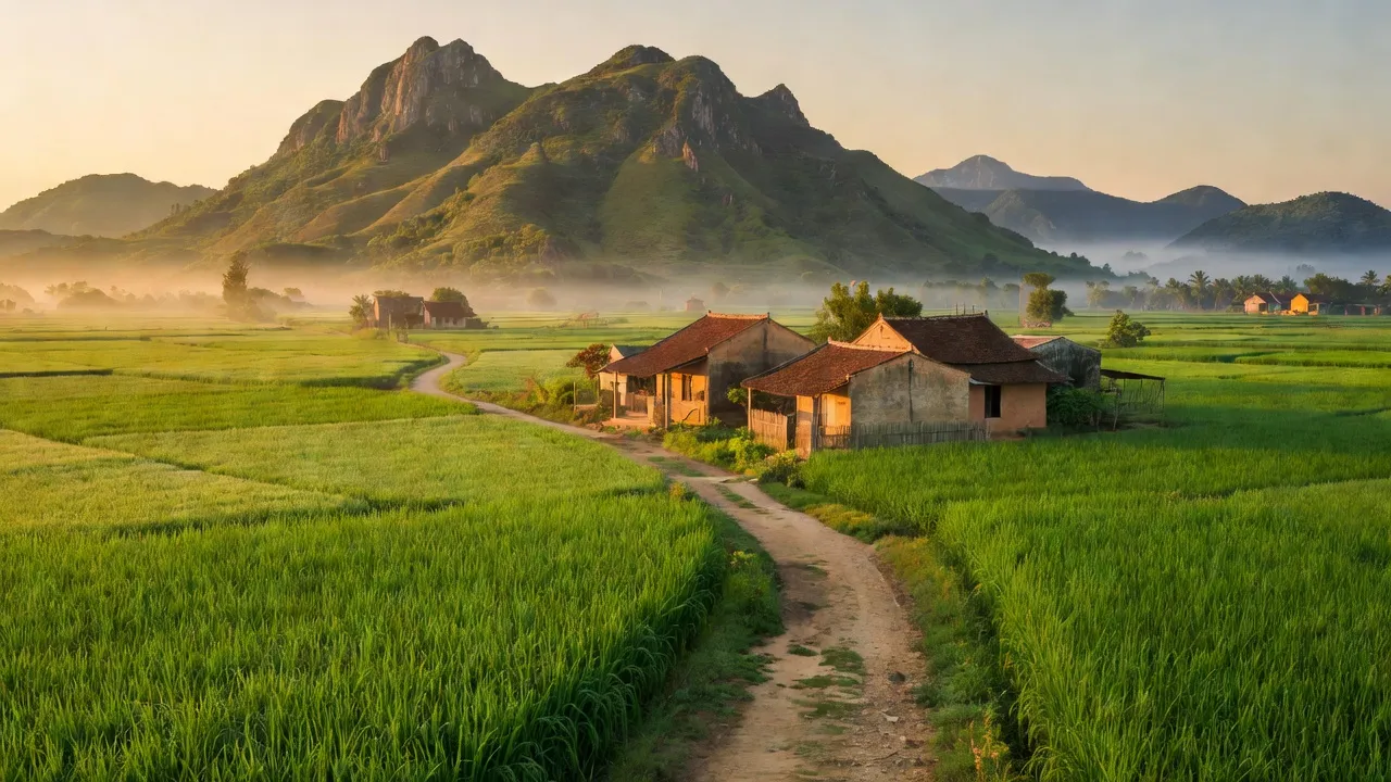 Quang cảnh xã Tân Thành, huyện Hàm Thuận Nam, tỉnh Bình Thuận với cánh đồng và nhà cửa.