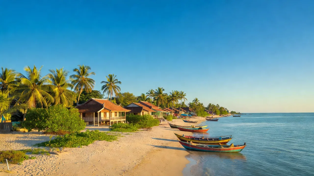 Tân Thuận, Hàm Thuận Nam, Bình Thuận với bãi biển, thuyền đánh cá và nhà truyền thống.