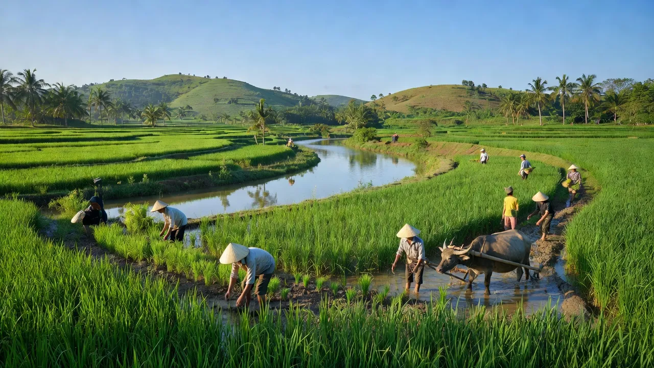 Cảnh quan xã Thuận Quí, huyện Hàm Thuận Nam, tỉnh Bình Thuận với cánh đồng xanh và dòng sông.