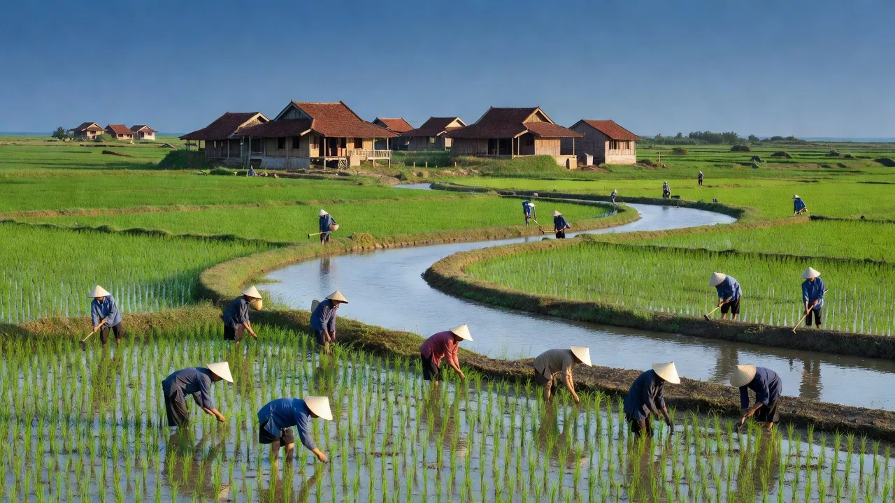 Khung cảnh yên bình ở xã Thuận Quí, huyện Hàm Thuận Nam, tỉnh Bình Thuận với nông dân làm việc.