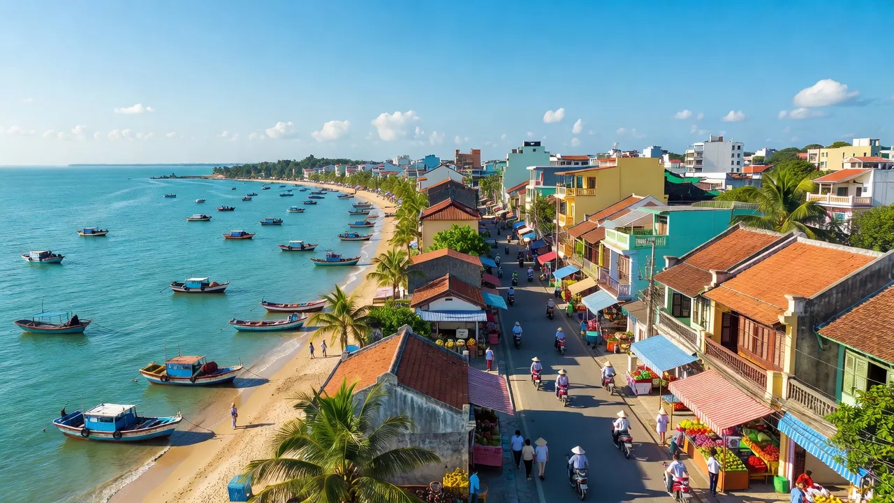 La Gi, Bình Thuận with coastal views, vibrant streets, and local architecture under blue skies.