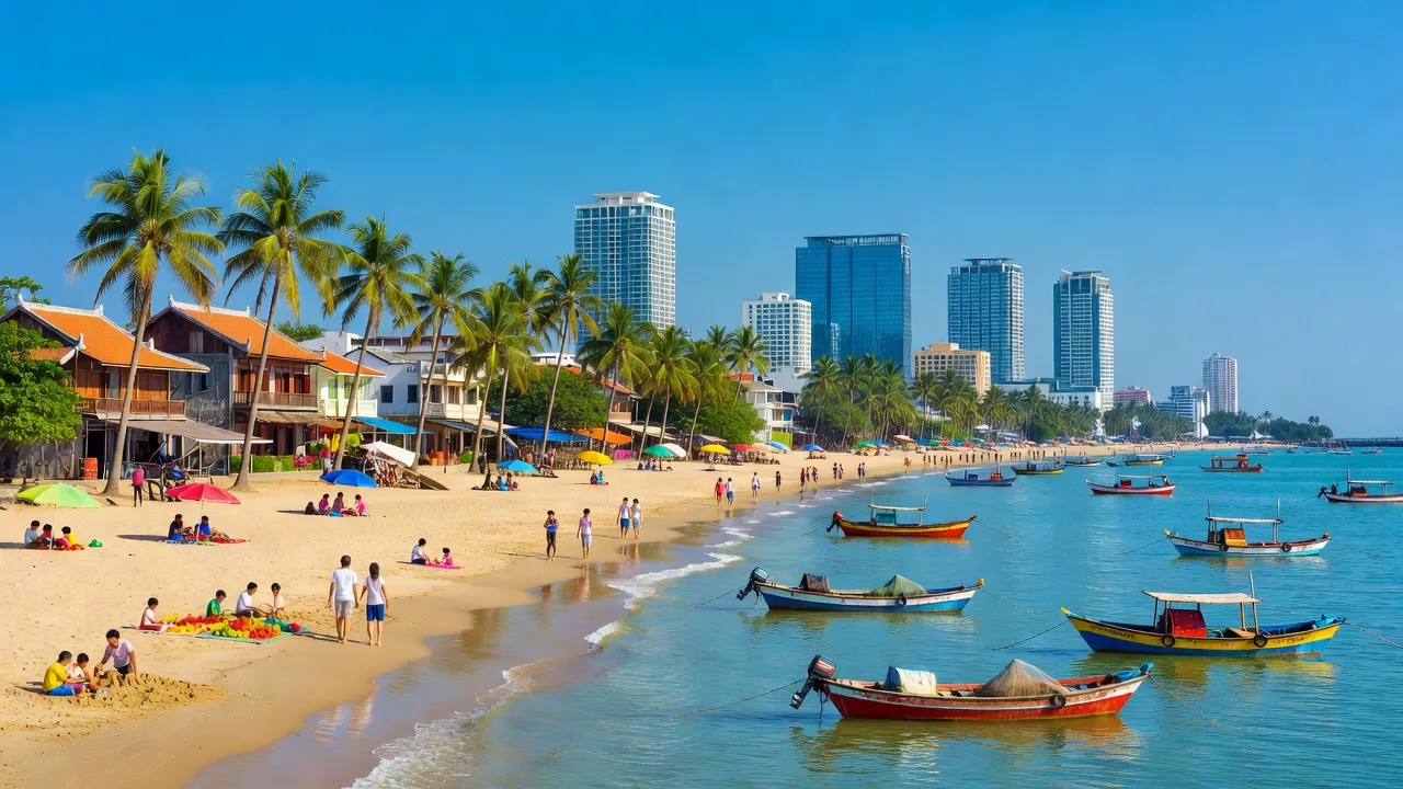 Toàn cảnh thành phố Phan Thiết với bãi biển, cơ sở hạ tầng hiện đại và cuộc sống địa phương sôi động.