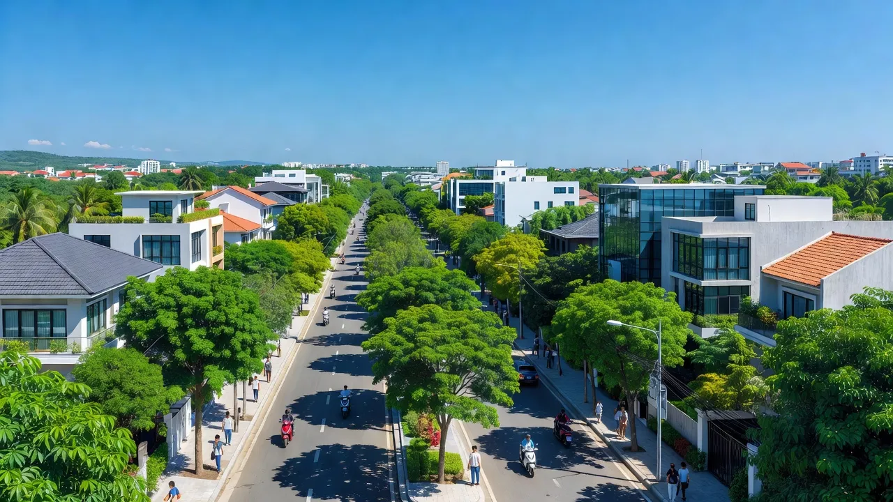 Phong cảnh Phường Đức Long, Phan Thiết với nhà cửa, cây xanh, bầu trời trong xanh và một cuộc sống năng động.