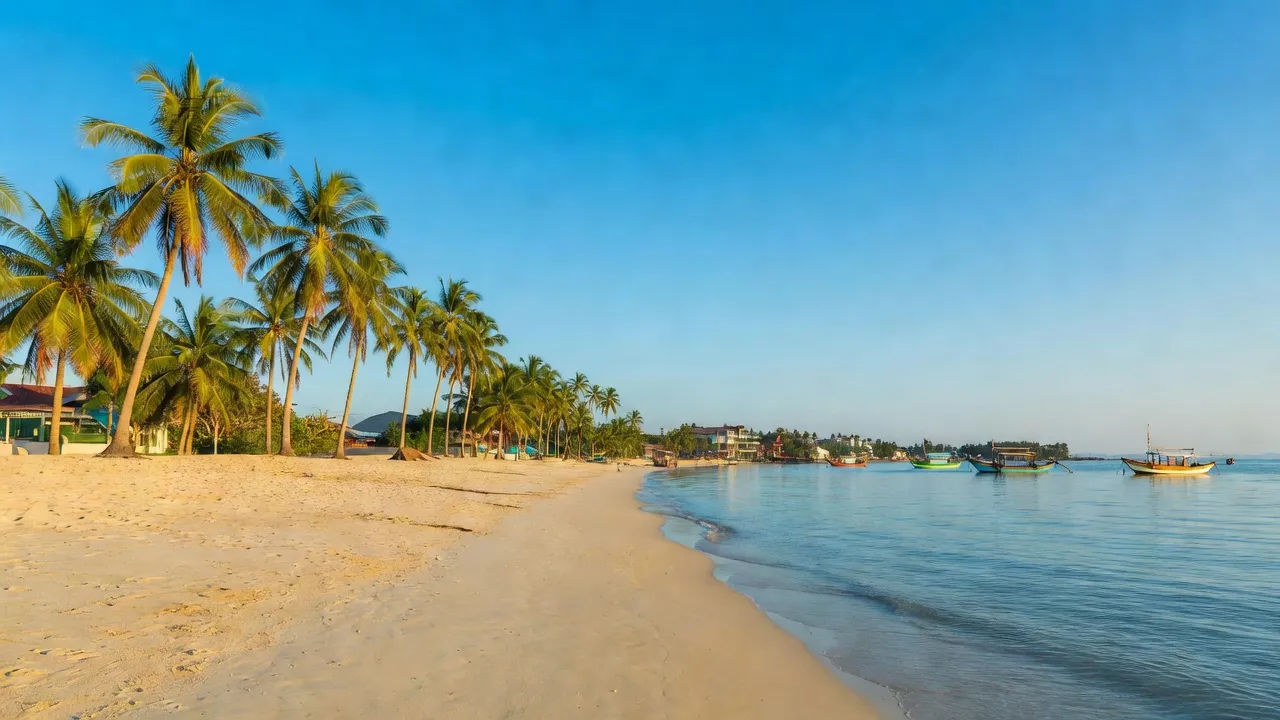 Khung cảnh biển Hàm Tiến, Phan Thiết với bãi cát, cây cọ và bầu trời trong xanh.