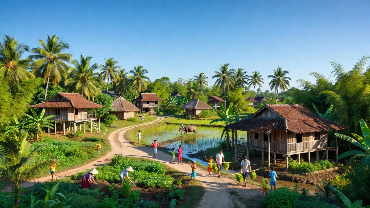 Phong Nẫm village in Phan Thiết, Bình Thuận with greenery and daily activities under blue sky.