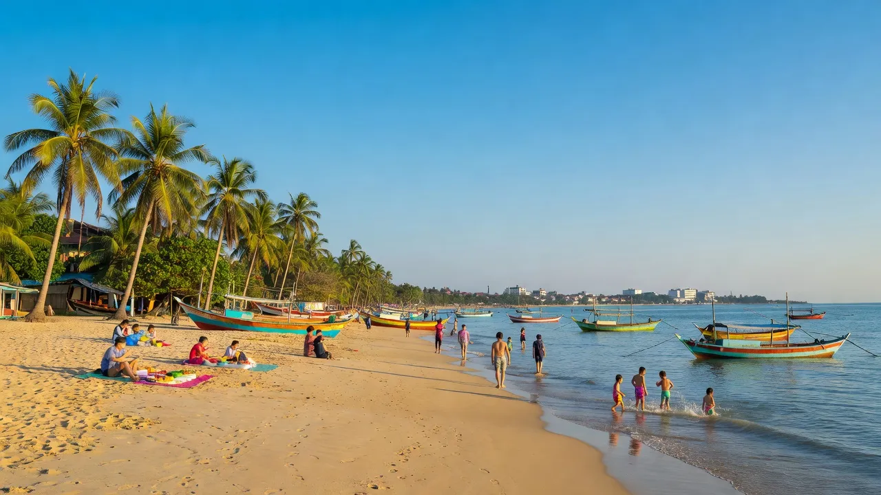 Khung cảnh yên bình tại Phường Phú Hài, Phan Thiết với bãi biển, cây cọ và cuộc sống địa phương.