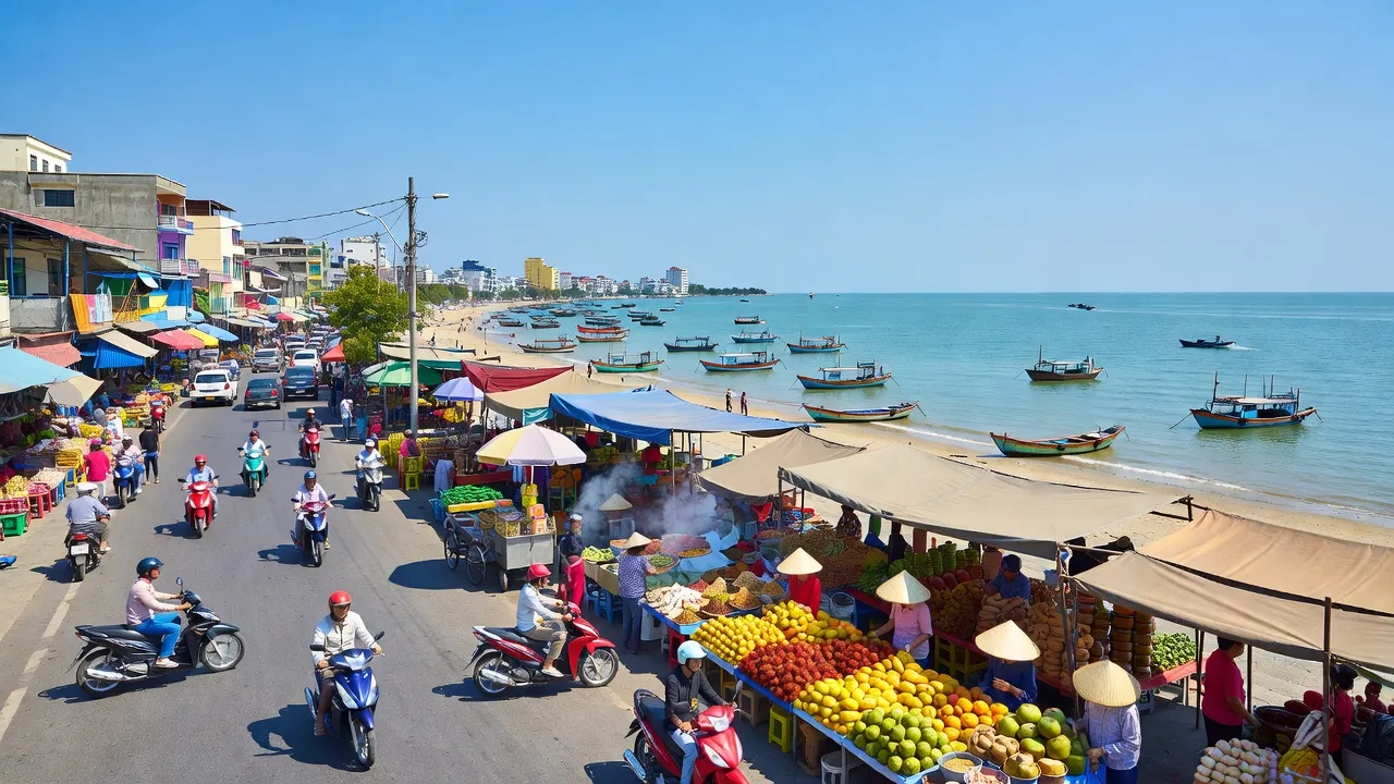 Khung cảnh sinh động tại Phường Phú Tài, Phan Thiết với cảnh quan ven biển và dân cư sôi động.