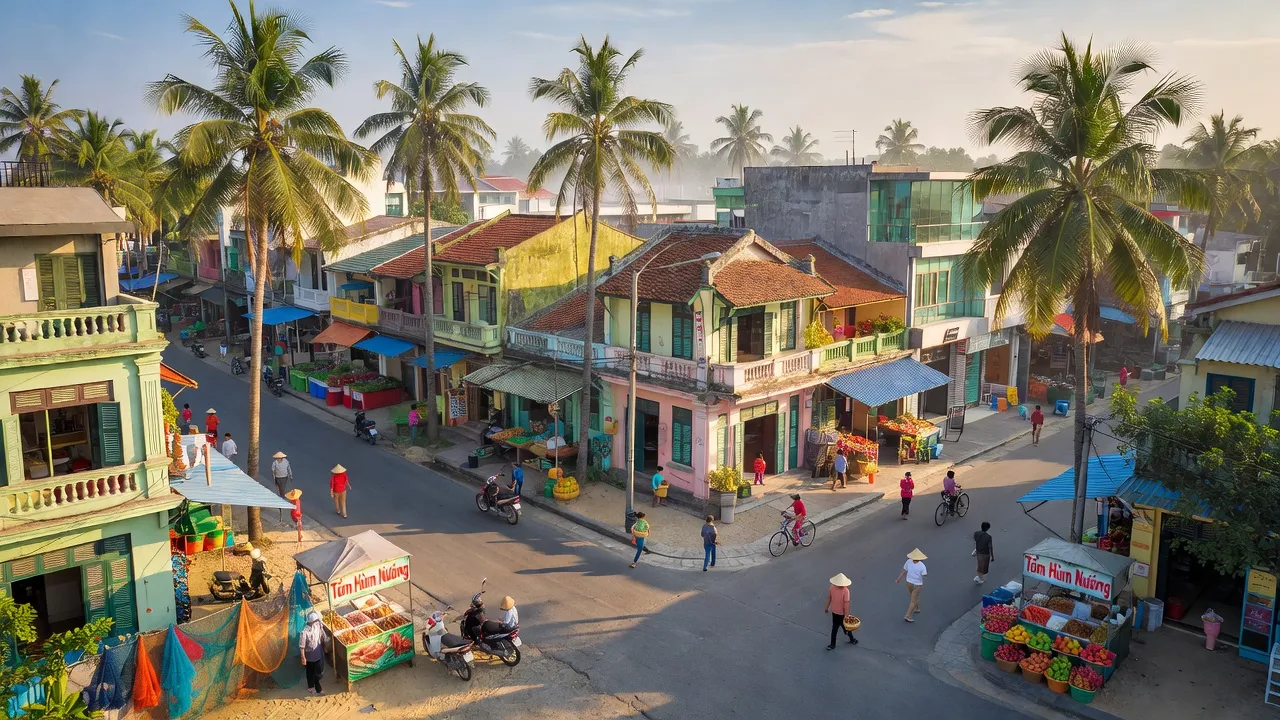 Phú Thủy, Phan Thiết, Bình Thuận: vibrant local streets, palm trees, and coastal scenery.