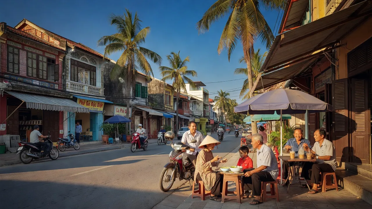 Khung cảnh phố xá ở Phường Phú Trinh, Phan Thiết với kiến trúc truyền thống và người dân địa phương.