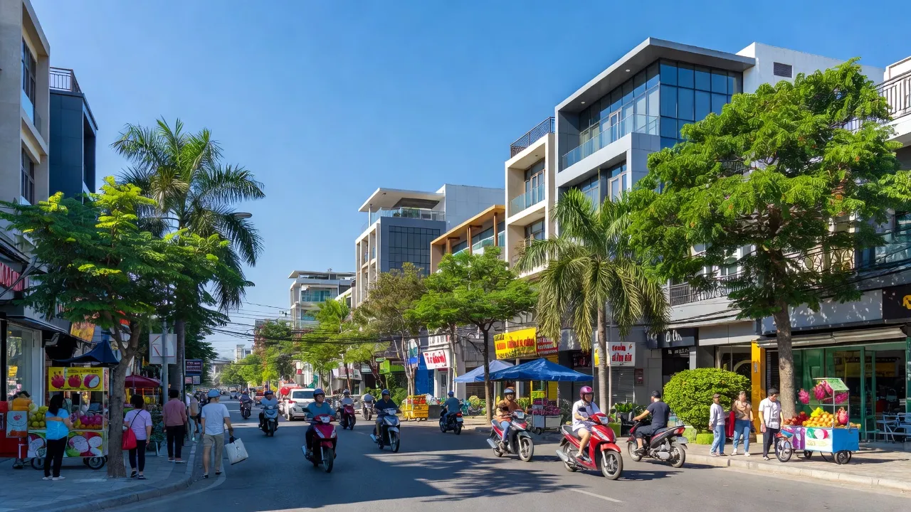 Khung cảnh sống động của phường Phú Trinh, thành phố Phan Thiết với bầu trời xanh và cây xanh.
