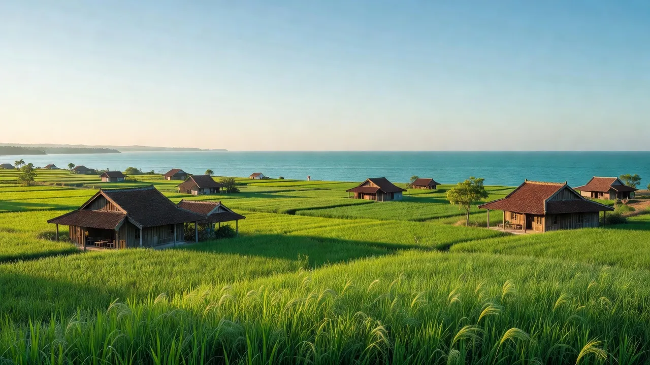 Khung cảnh xã Thiện Nghiệp, Phan Thiết, khoảng không gian xanh mát và biển trời trong sáng.