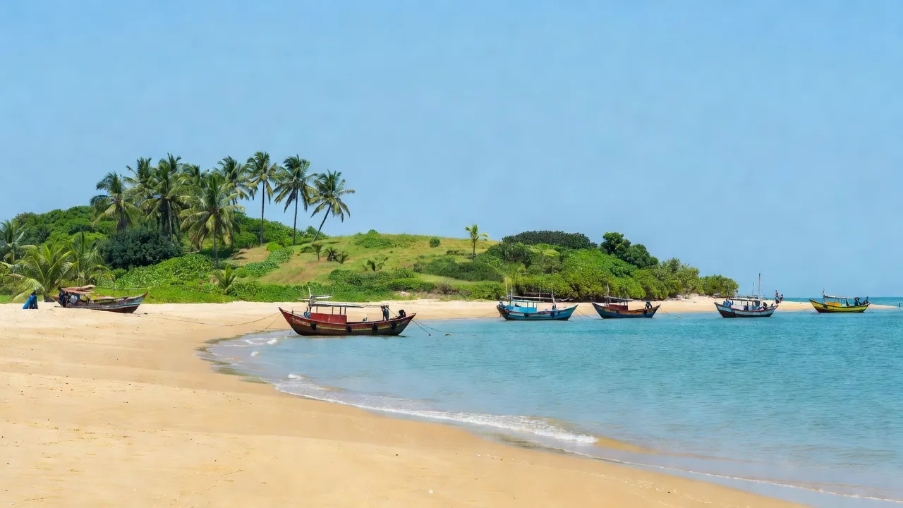 Cảnh biển đảo Phú Quý, tỉnh Bình Thuận với cây xanh, thuyền đánh cá và bầu trời trong xanh.