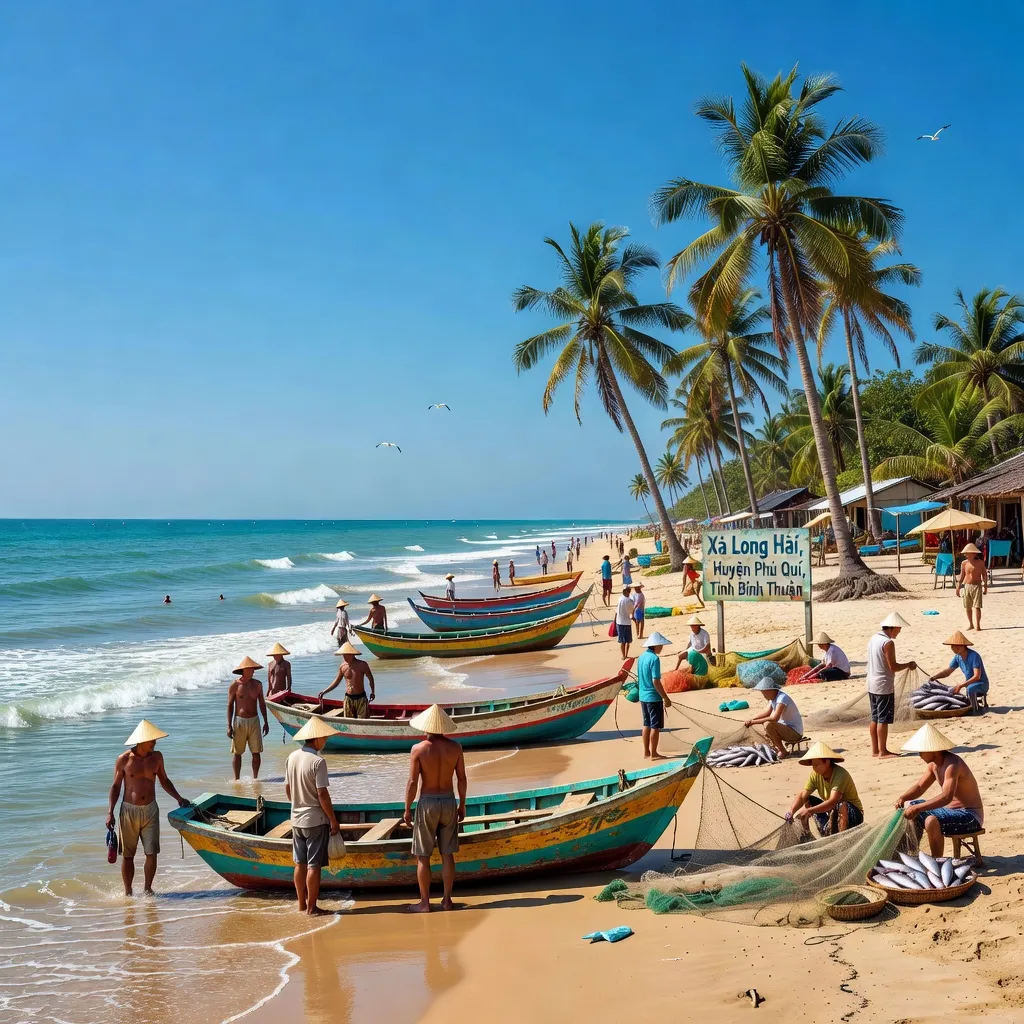 Xã Long Hải, Huyện Phú Quý với biển đẹp, thuyền đánh cá, cây cọ xanh mát.