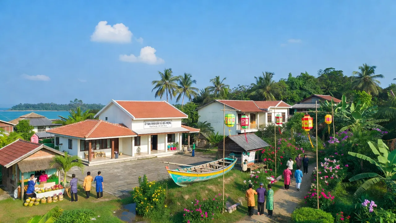 Khung cảnh xã Ngũ Phụng, huyện Phú Quý, Bình Thuận, với cảnh sắc tươi đẹp và công trình hành chính nổi bật.