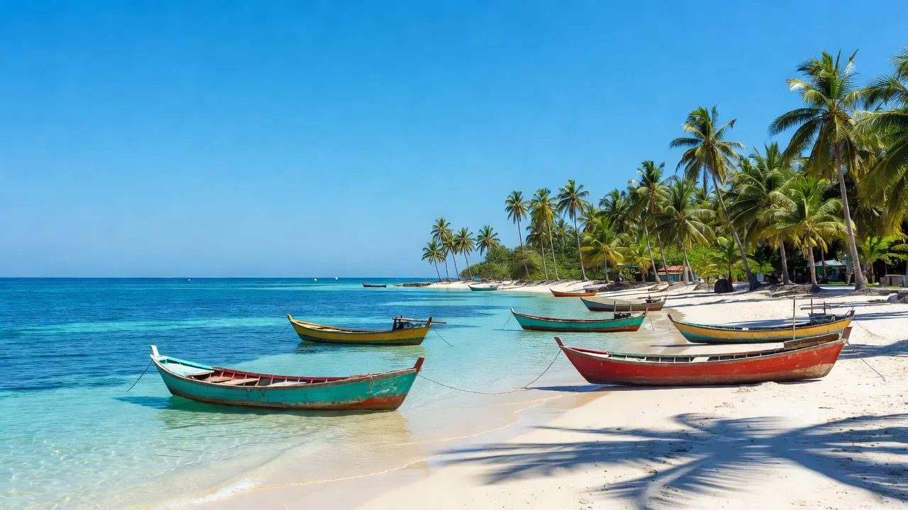 Cảnh biển Tam Thanh, huyện Phú Quý với bãi cát, nước trong xanh và cây cọ, Việt Nam.