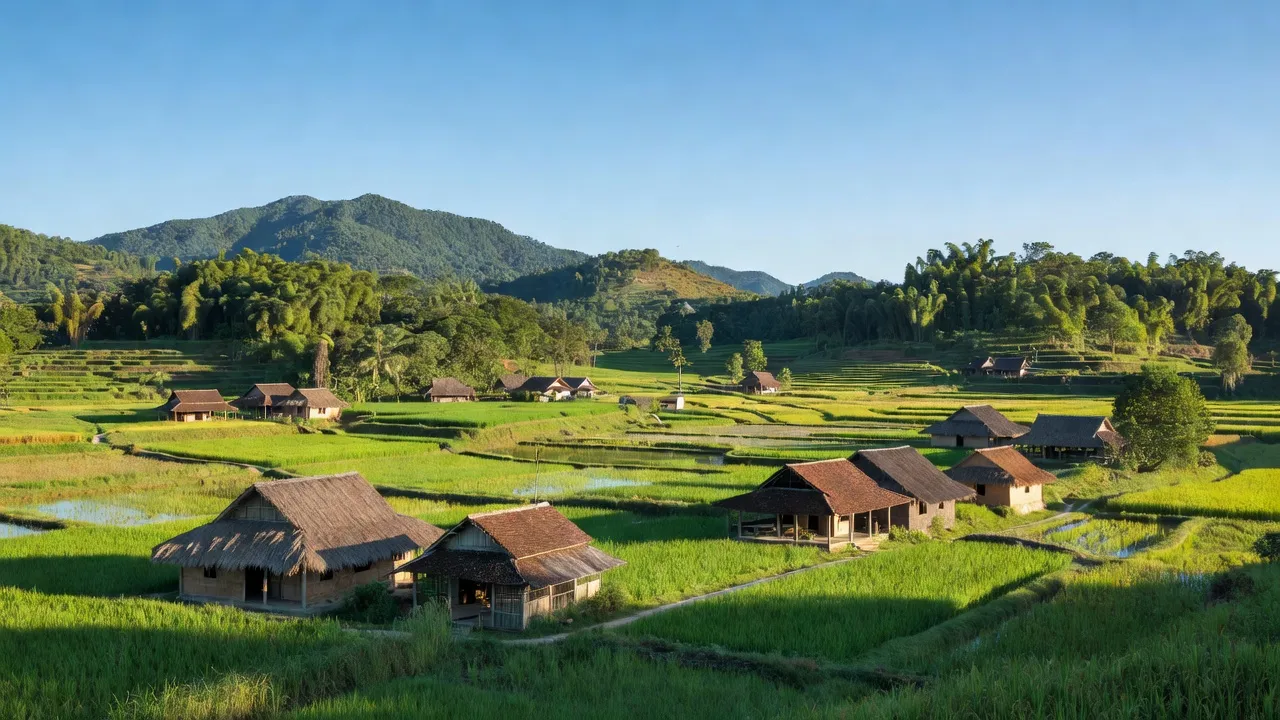 Quang cảnh xã Đồng Kho, huyện Tánh Linh với núi non xanh tươi và nhà truyền thống.
