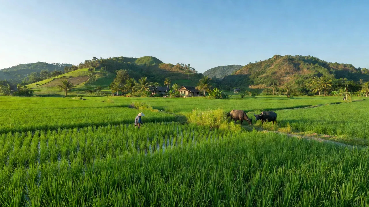 Cảnh đẹp xã Đức Bình, huyện Tánh Linh, tỉnh Bình Thuận với cánh đồng và đồi núi xanh.