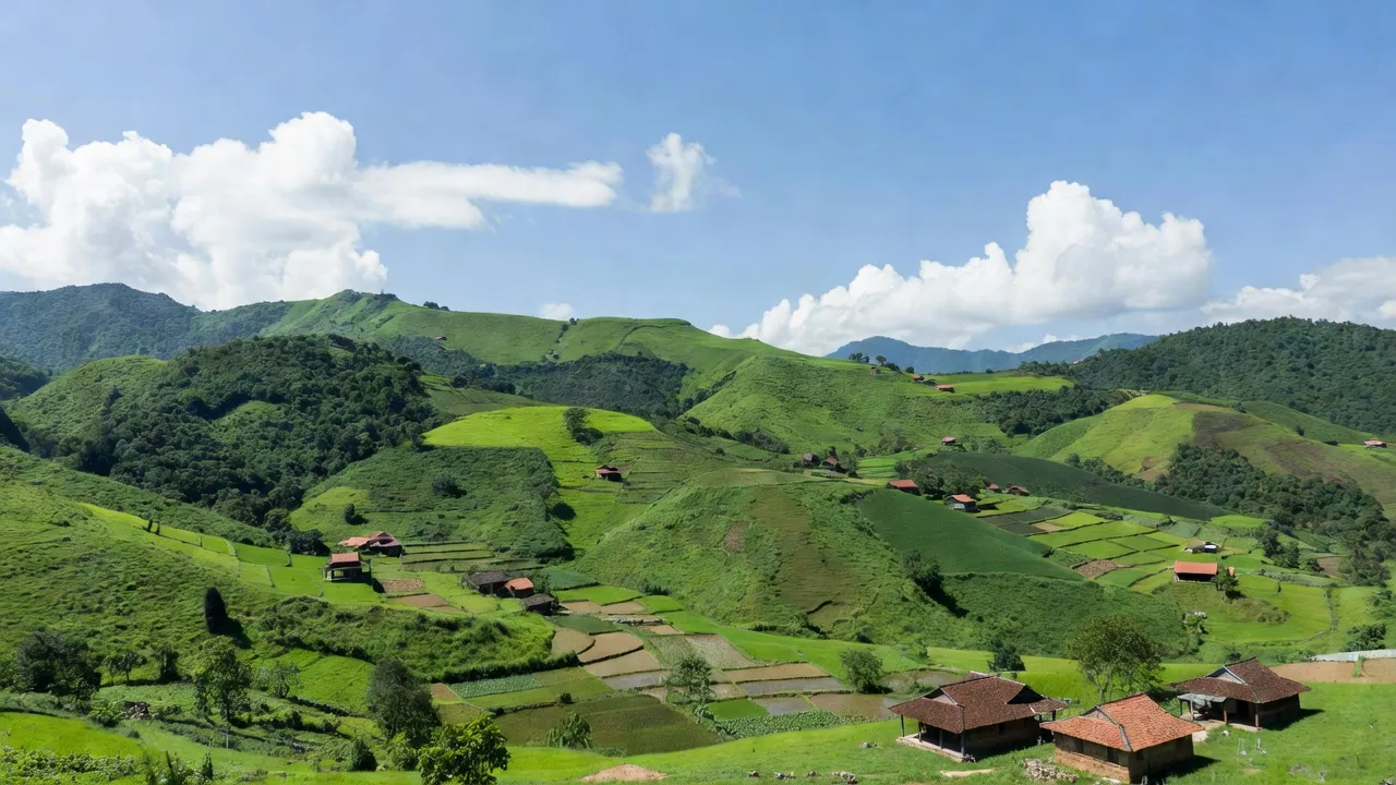 Khung cảnh xã Đức Phú, huyện Tánh Linh, Bình Thuận với đồi núi xanh tươi và bầu trời trong sáng.