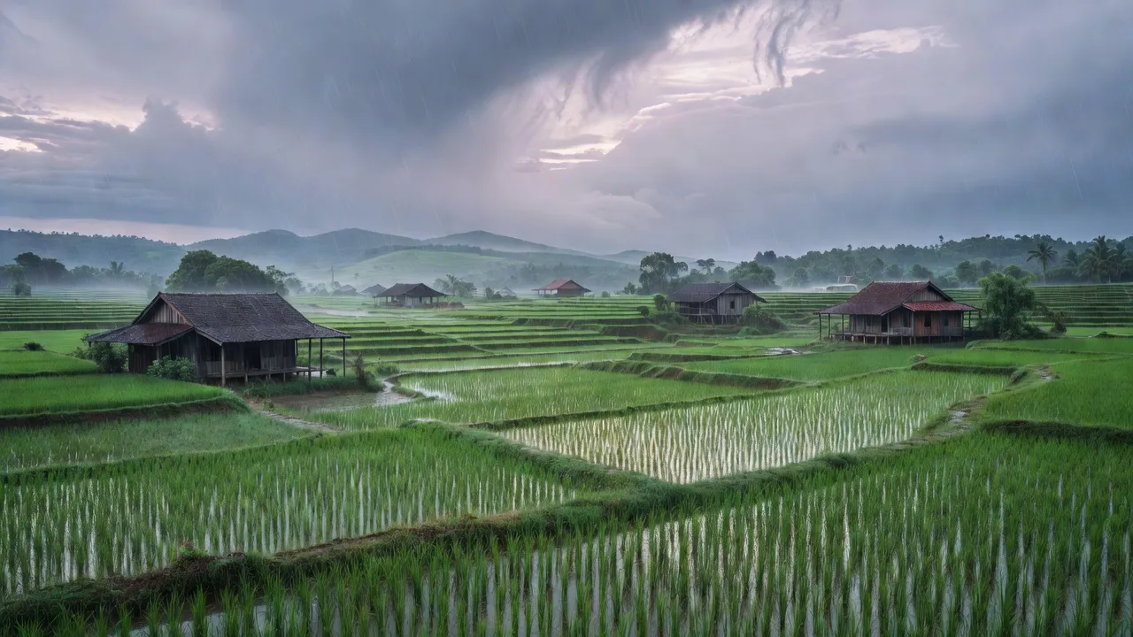 Khung cảnh yên bình tại xã Gia An, huyện Tánh Linh, tỉnh Bình Thuận trong mùa mưa, cánh đồng xanh tốt.