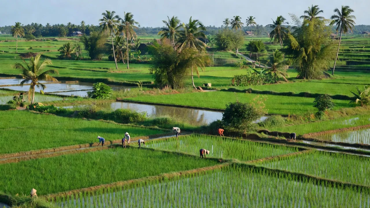 Cảnh sắc nông thôn Gia Huynh, Tánh Linh, Bình Thuận với cánh đồng cây xanh và không gian yên bình.