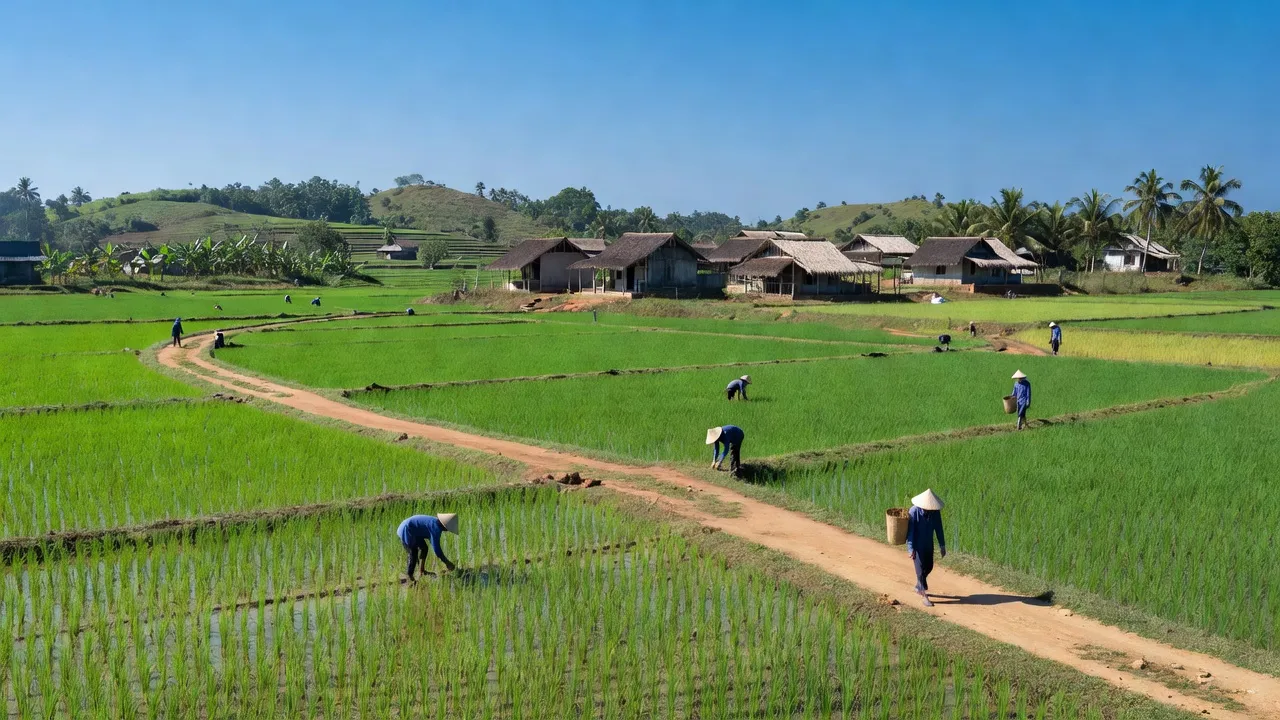 Khung cảnh nông thôn xã Gia Huynh, huyện Tánh Linh, tỉnh Bình Thuận với cánh đồng xanh mát.