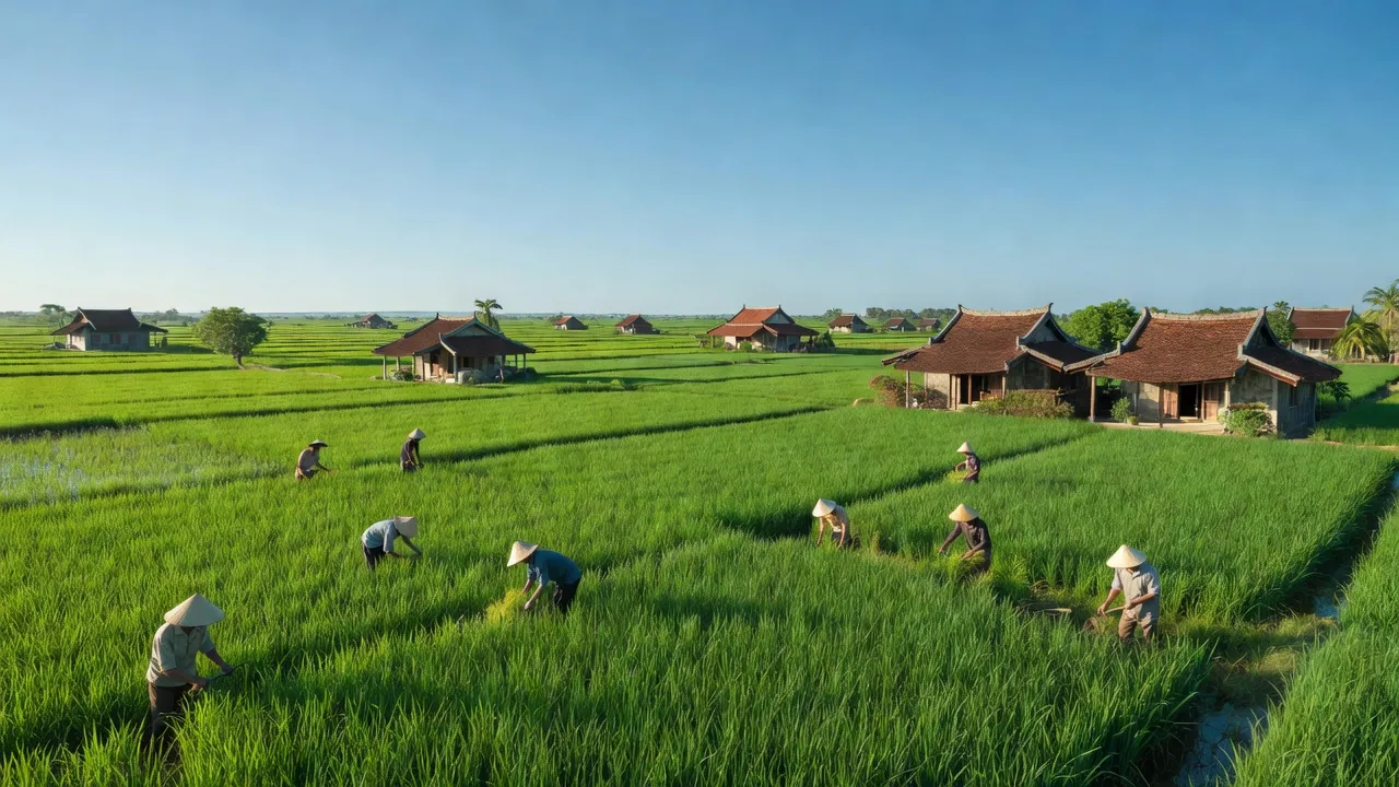 Cảnh đồng xanh yên bình tại xã Huy Khiêm, huyện Tánh Linh, tỉnh Bình Thuận, với nhà mái ngói.