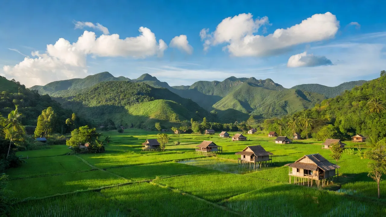 Khung cảnh thư giãn tại xã La Ngâu, huyện Tánh Linh, Bình Thuận, thể hiện núi non và nhà sàn.