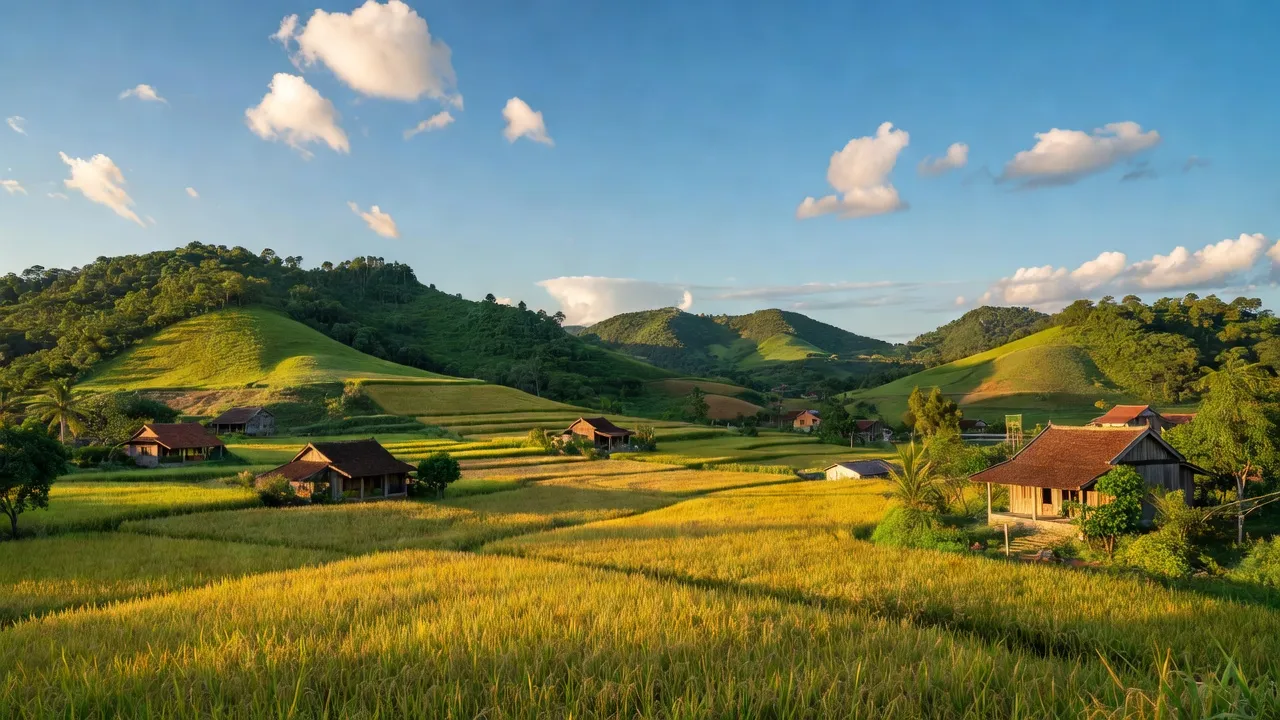 Thị trấn Lạc Tánh, huyện Tánh Linh, Bình Thuận, với cánh đồng lúa và nhà cửa truyền thống.