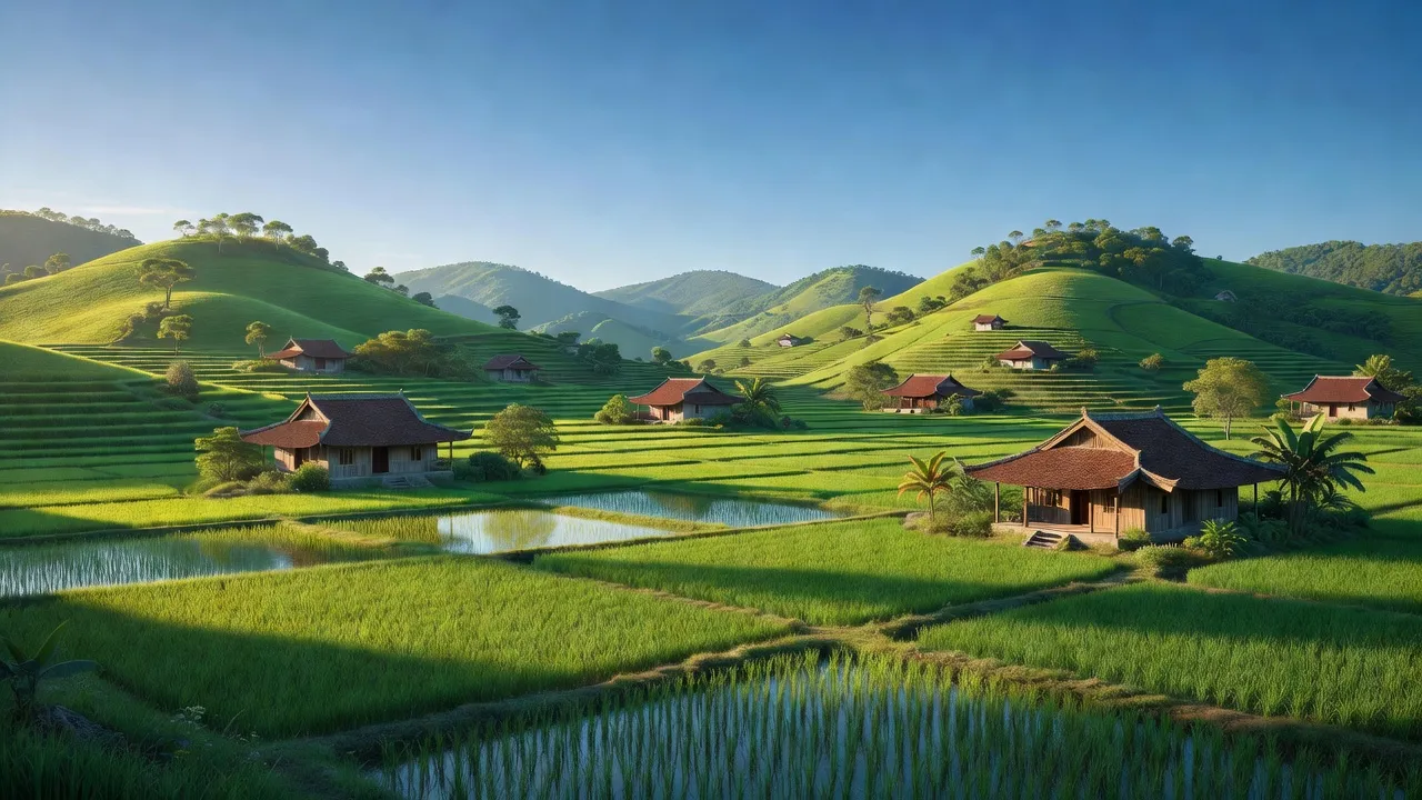 Thị trấn Lạc Tánh, Huyện Tánh Linh, Tỉnh Bình Thuận với cánh đồng xanh và nhà truyền thống.
