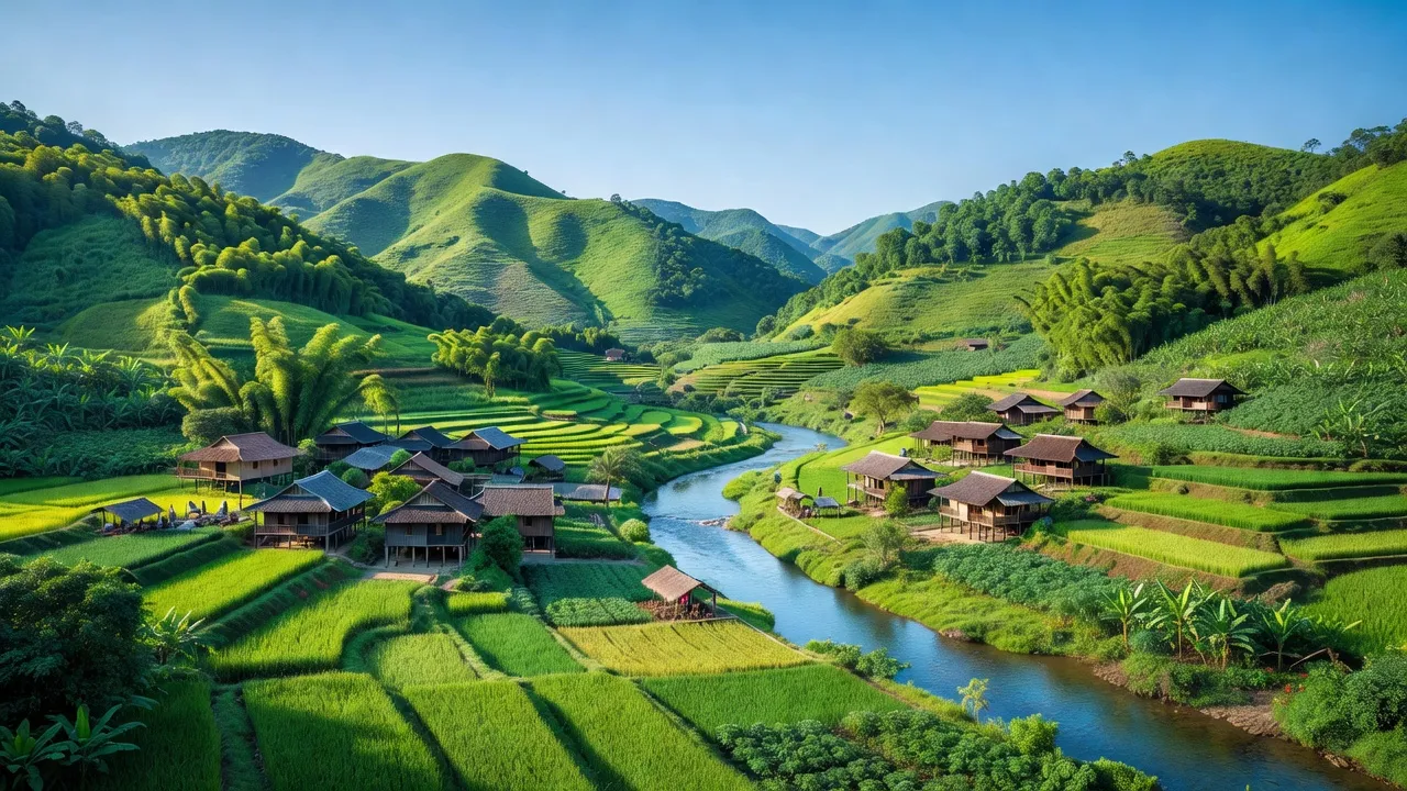 Cảnh đẹp xã Măng Tố, huyện Tánh Linh, tỉnh Bình Thuận với đồi núi và sông suối.