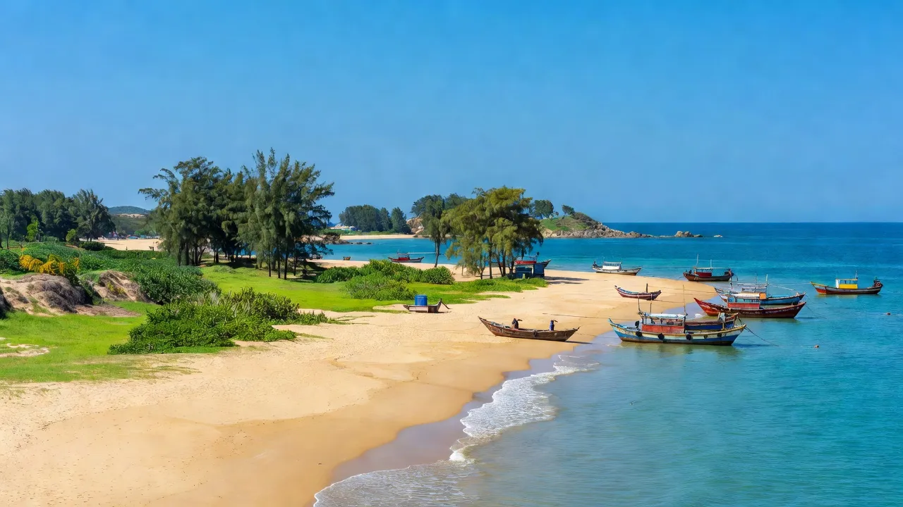 Khung cảnh ven biển huyện Tuy Phong, tỉnh Bình Thuận với bãi cát, thuyền đánh cá và bầu trời nắng.