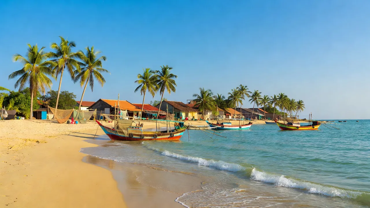 Chí Công village in Tuy Phong with coastal landscape, sandy beaches, palm trees and fishing boats.