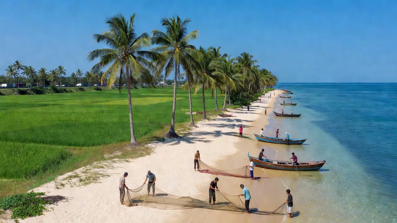Cảnh biển Hòa Minh, huyện Tuy Phong, Bình Thuận với bãi cát vàng và những cây dừa xanh.
