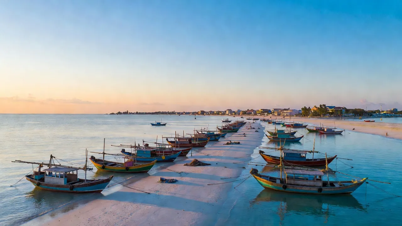 Thị trấn Phan Rí Cửa, huyện Tuy Phong, bờ biển đẹp và thuyền đánh cá bình minh.
