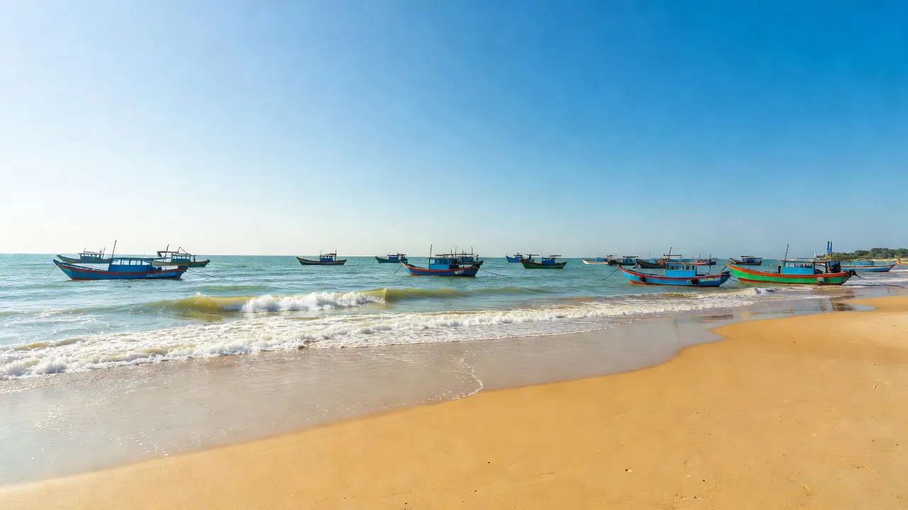 Thị trấn Phan Rí Cửa, huyện Tuy Phong, tỉnh Bình Thuận, với bờ biển đẹp và ánh nắng vàng.