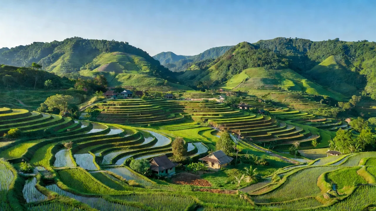 Phong Phú, Tuy Phong, Bình Thuận - vùng cao với núi non, ruộng bậc thang và bầu trời xanh.