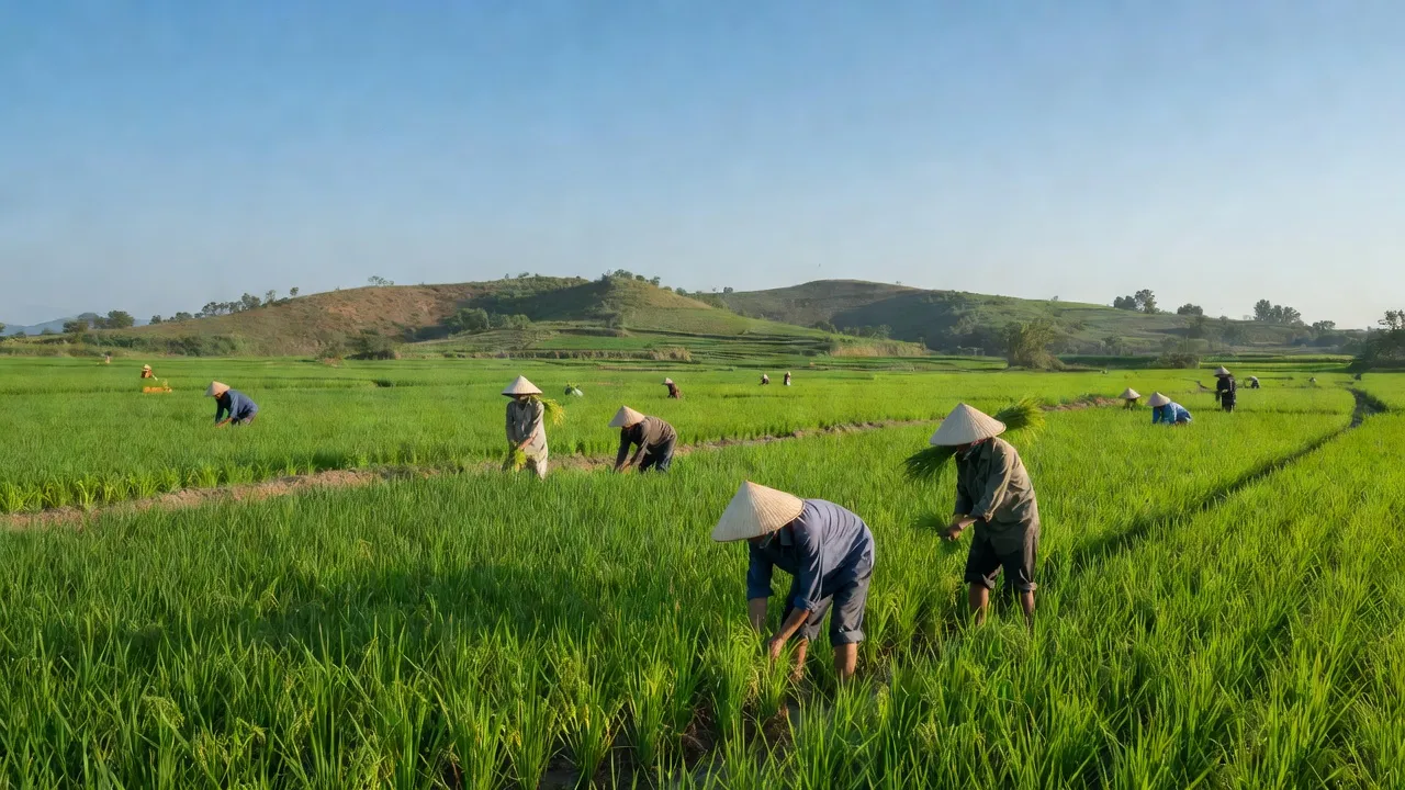 Cảnh đẹp xã Phú Lạc, huyện Tuy Phong, tỉnh Bình Thuận với đồng lúa xanh tươi và nông dân làm việc.