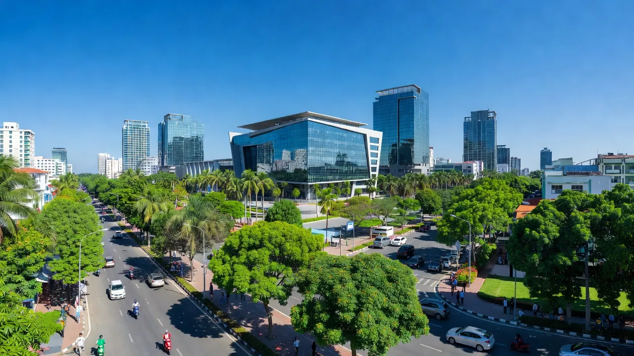 Thành phố Cà Mau, trung tâm hành chính của tỉnh Cà Mau, với tòa nhà và con đường xanh.