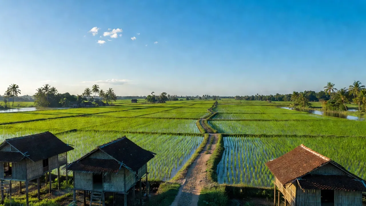 Cảnh đẹp huyện Cái Nước, Cà Mau với cánh đồng xanh và nhà truyền thống, thời tiết trong trẻo.