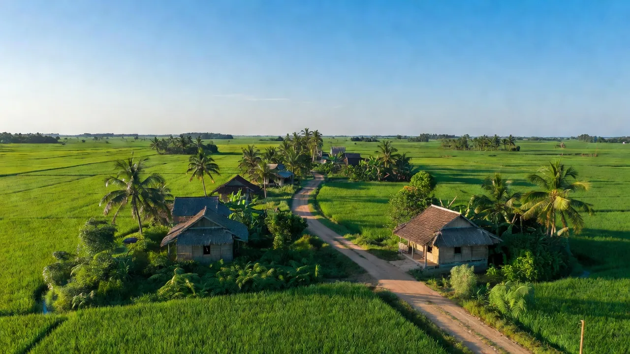 Cảnh quan huyện Cái Nước, Cà Mau với đồng xanh, đường rural và nhà truyền thống Việt.