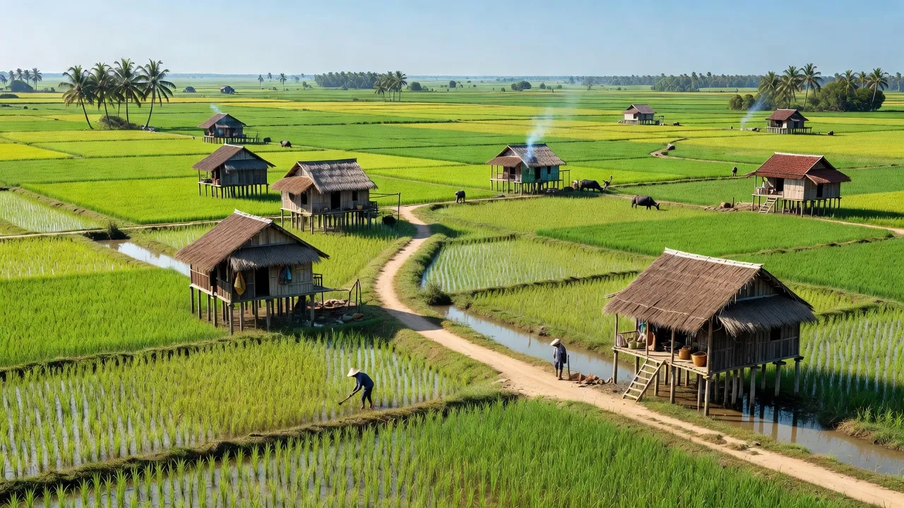 Cảnh đẹp xã Đông Hưng, huyện Cái Nước, tỉnh Cà Mau với cánh đồng xanh tươi và nhà truyền thống.
