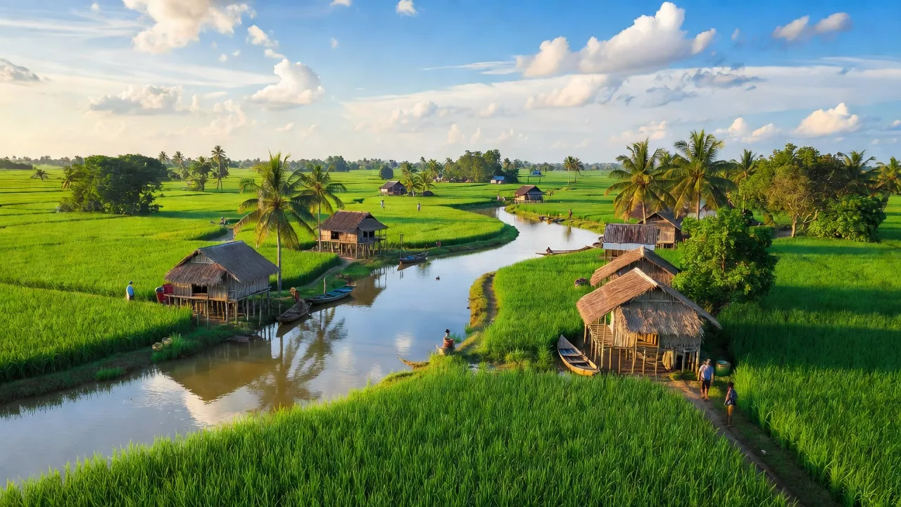 Khung cảnh xã Đông Hưng, huyện Cái Nước với ruộng đồng xanh mướt và dòng sông yên ả.