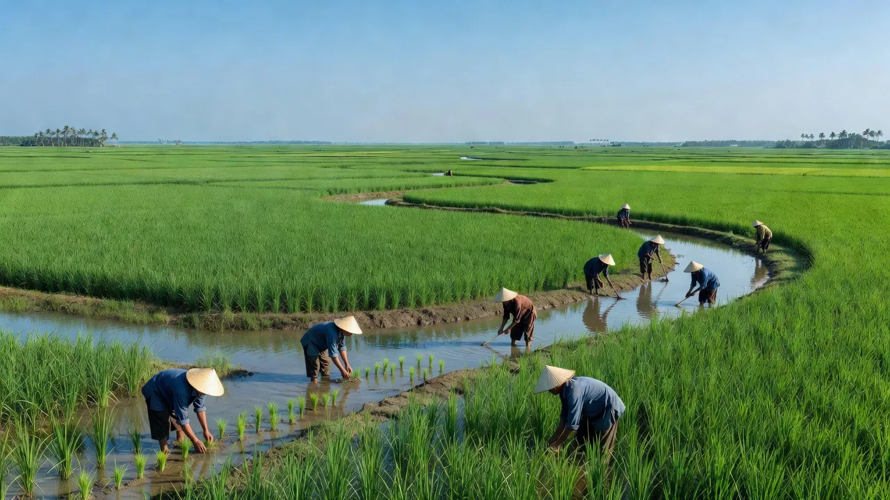 Cảnh đẹp Xã Đông Thới, Cà Mau với cánh đồng xanh và dòng sông uốn lượn, gợi cảm giác yên bình.