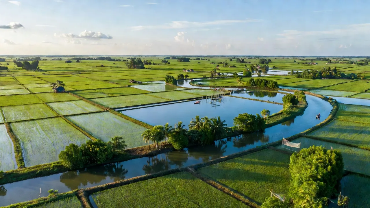 Cảnh đẹp xã Đông Thới, huyện Cái Nước, tỉnh Cà Mau với đồng ruộng xanh tốt và sông rạch.