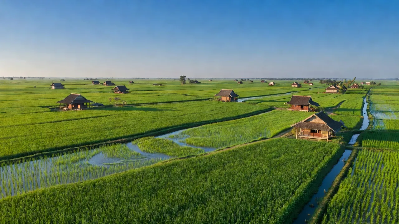 Khung cảnh yên bình xã Hoà Mỹ, Huyện Cái Nước, Cà Mau với ruộng xanh và nhà truyền thống.