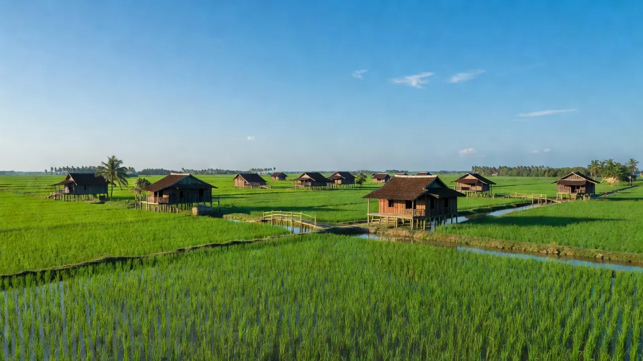 Phong cảnh yên bình xã Hoà Mỹ, huyện Cái Nước, tỉnh Cà Mau, với cánh đồng xanh tươi và nhà truyền thống.